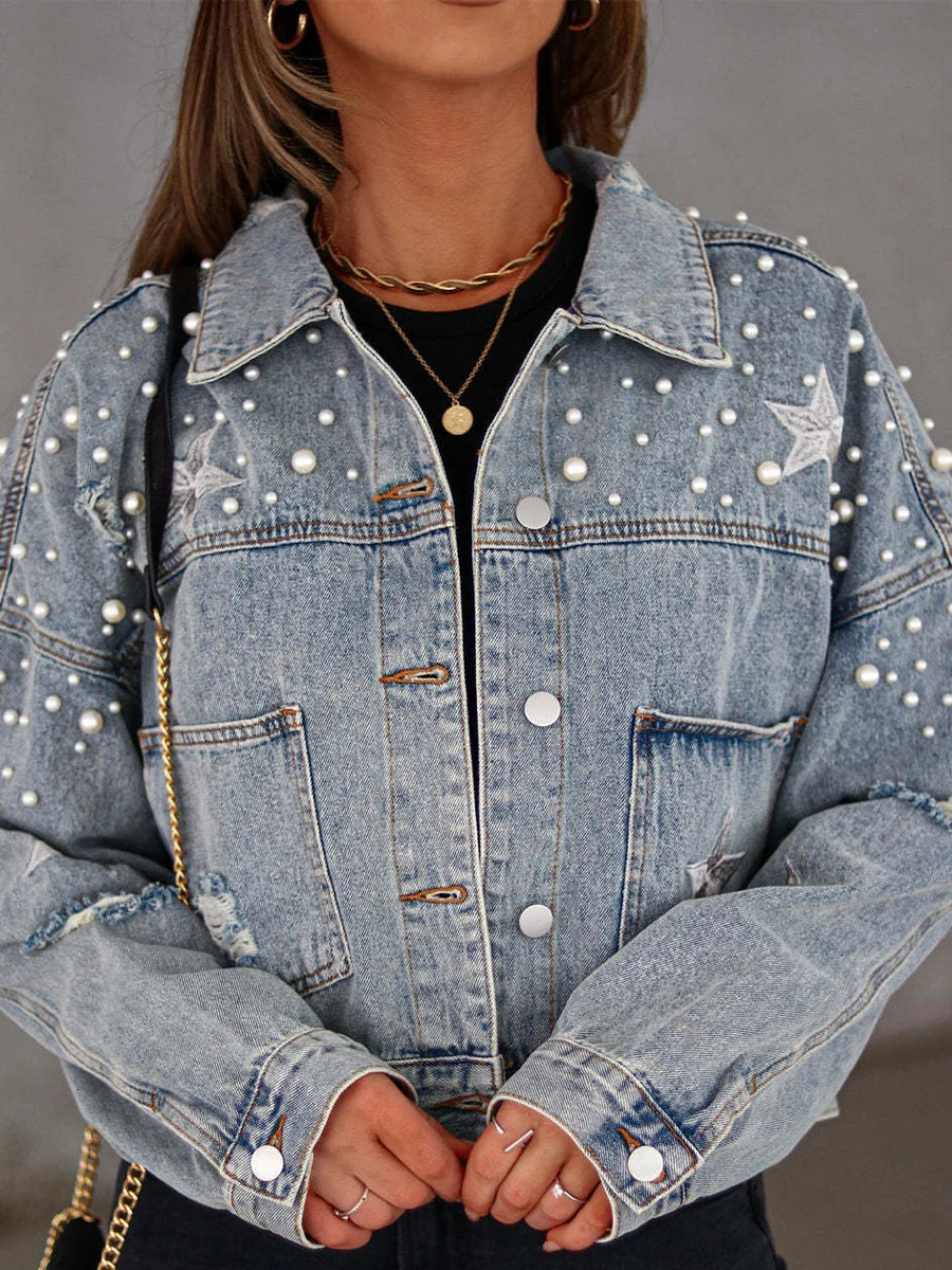 Women Fall Casual Denim Jacket Back Star Print Long Sleeve Turn-down Collar Button Pearls Coat Streetwear 250527
