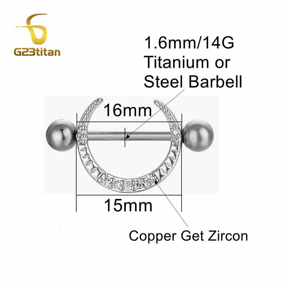 2pcs Micro Inlaid Zircon Moon Shaped Nipple Ring 14G 16mm Length Straight Steel Barbell Body Piercing Jewelry Adornment 250526