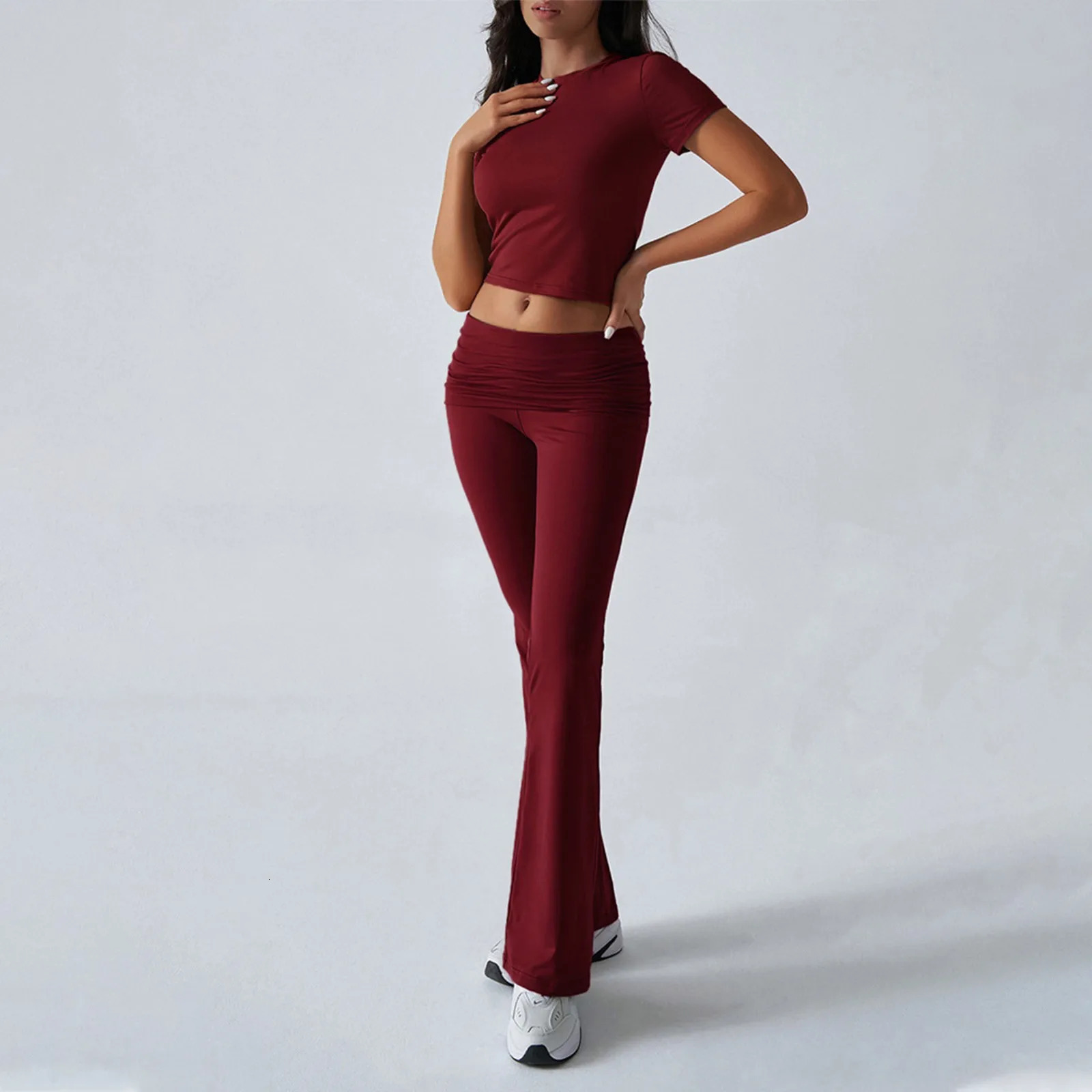 Casual Women Tracksuit 2piece Set Solid Short Sleeve Crop Topslong Pants Skinny Elastic Matching Streetwear Outfits 250527