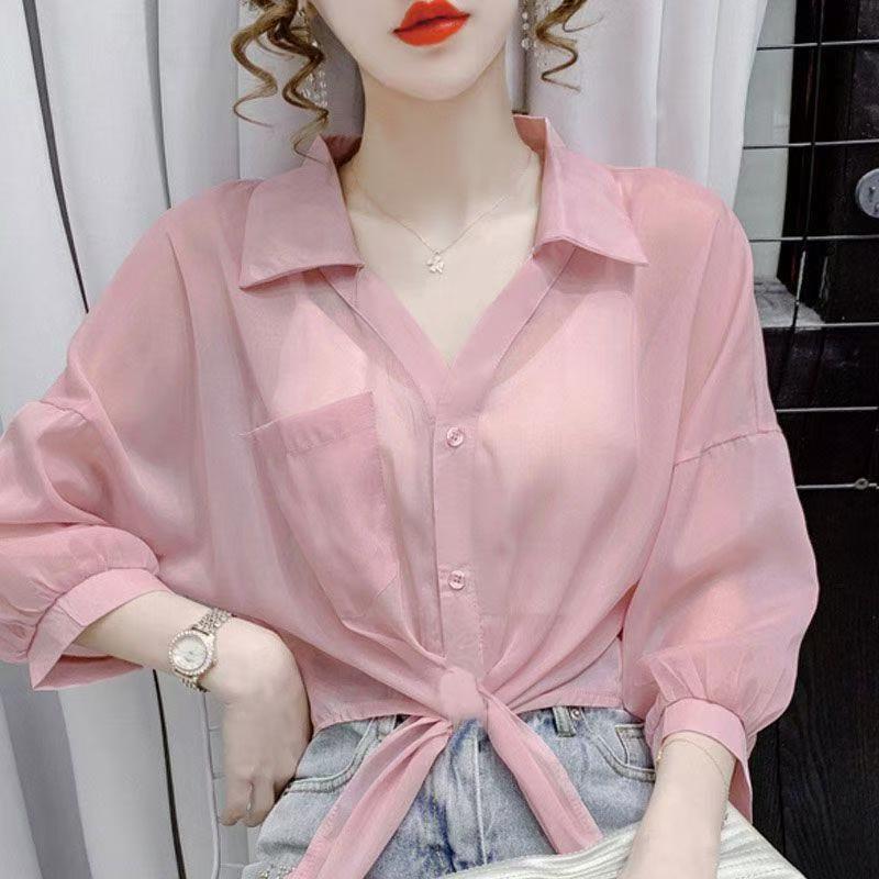 K895 Large size women's chiffon shirt with cardigan 2024 summer new bow sun protection clothing air conditioning shirt with skirt small shawl