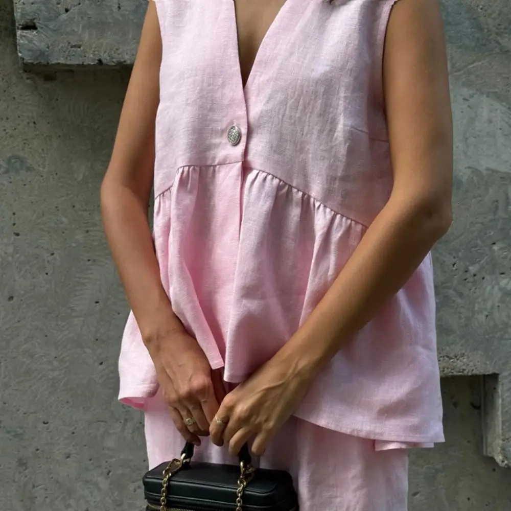 Women Loose Pink 2 Piece Sets V Neck Sleeveless Tank Top High Waist Wide Pants Suit Solid Elegant Casual Office Lady Outfits 250530