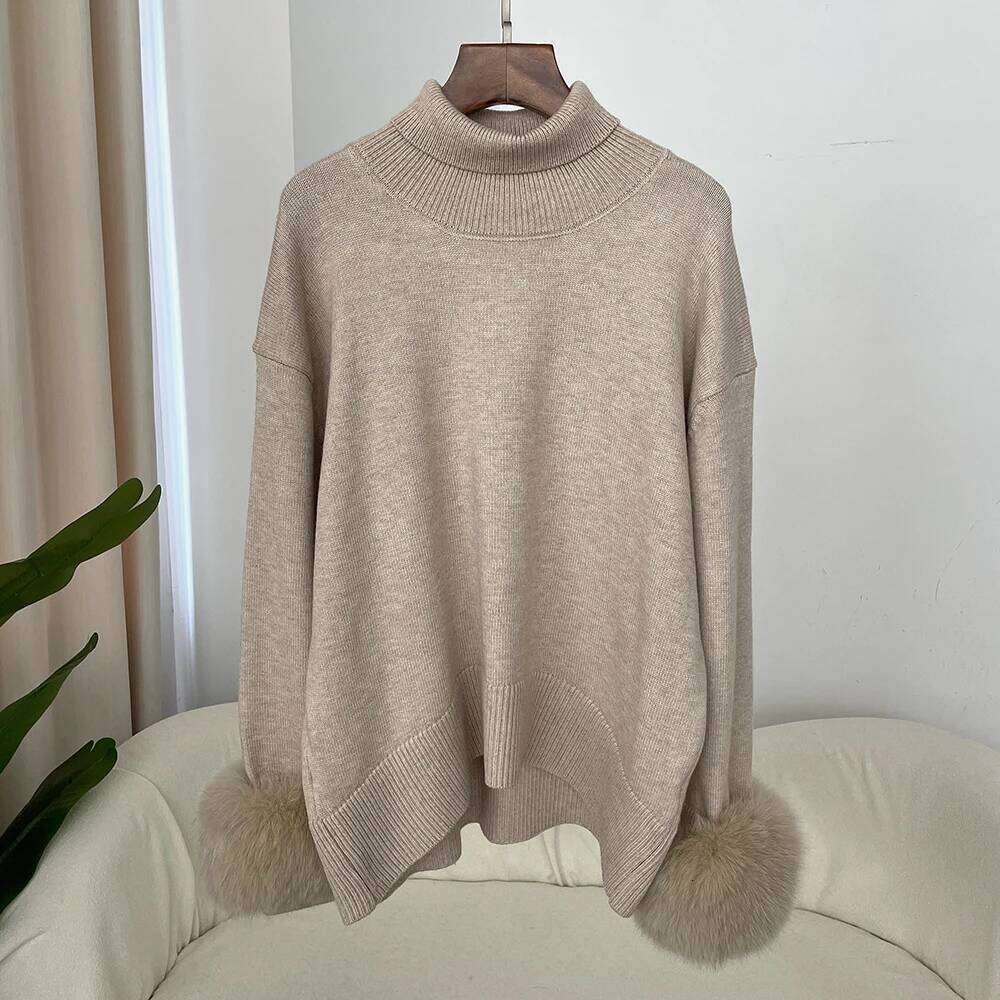 2024 Autumn Winter Women's Fashionable with Real Fox Sleeves Warm Slim Fit Sweaters and Fur Knitwear High quality, fashionable, luxurious