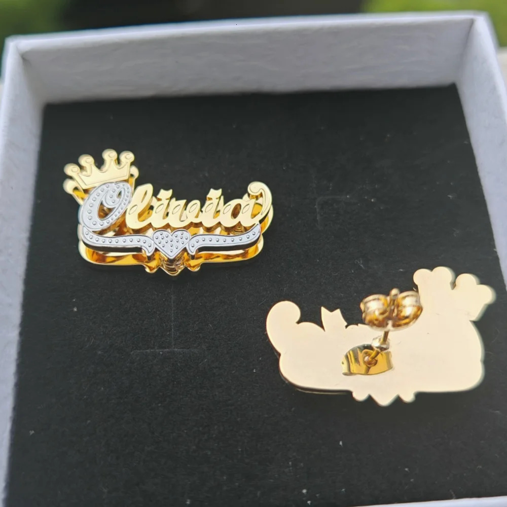 LeeChee Double Layer Crown Custom Name Earstuds Two Color Personalized Stainless Steel Hiphop Earrings Womens Jewelry Gift 250529