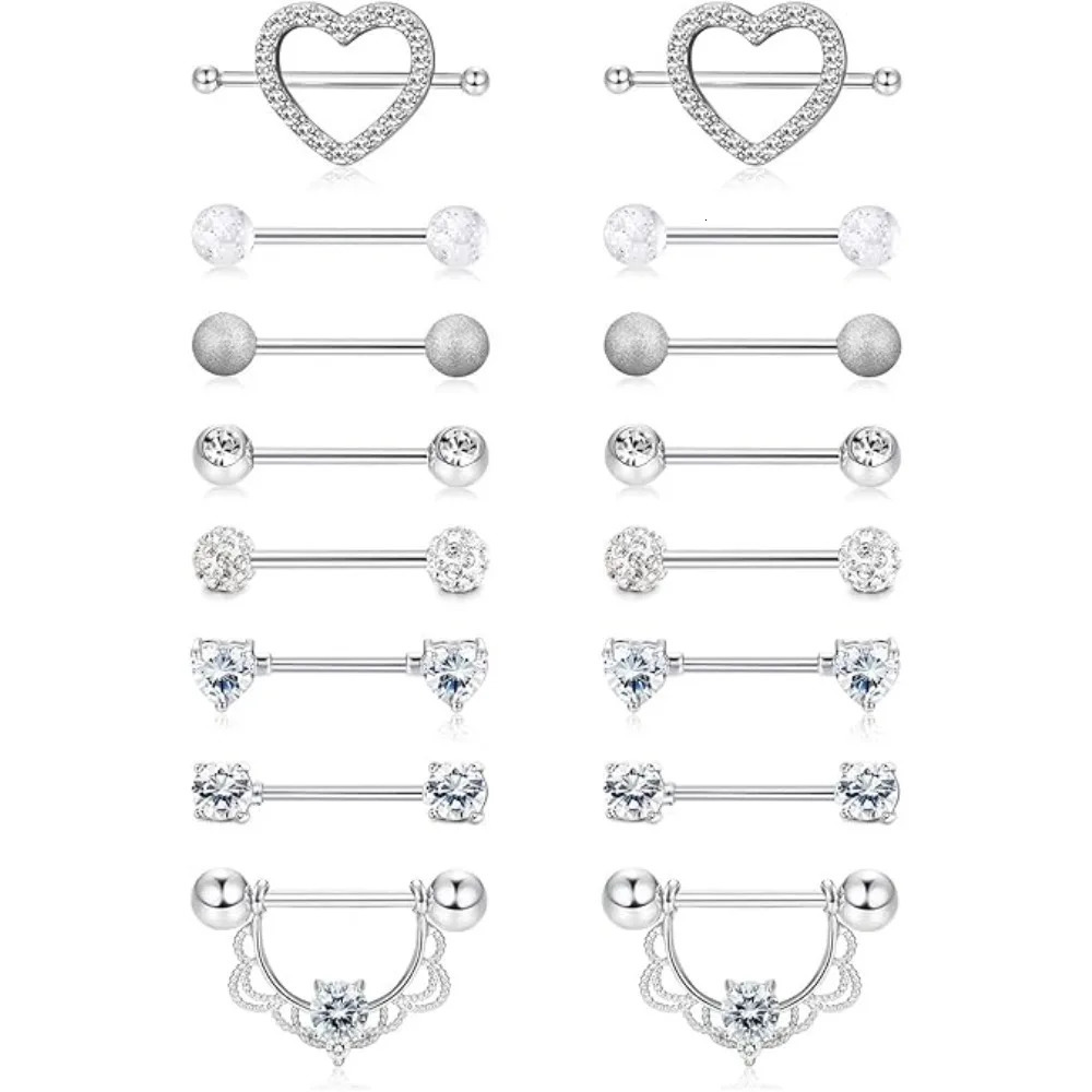 Bobisty 1pc 14G Nipple Rings 316L Steel Heart CZ Tongue Barbell Body Piercing Ring 250526
