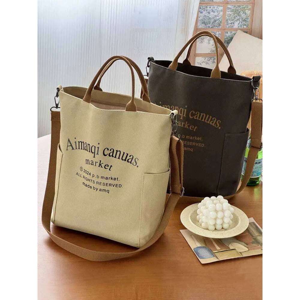 Hylhexyr Woman Shoulder Bag Letter Printed Casual Tote Fashion Thick Canvas Student Crossbody Bags With Zipper