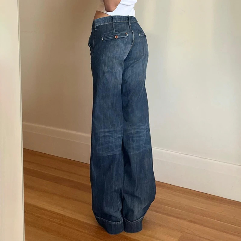 Darlingaga Fashion Washed Buttons Jeans For Women Loose Low Rise Basic Trousers Chic Style Pockets Straight Leg Denim Pants 250527