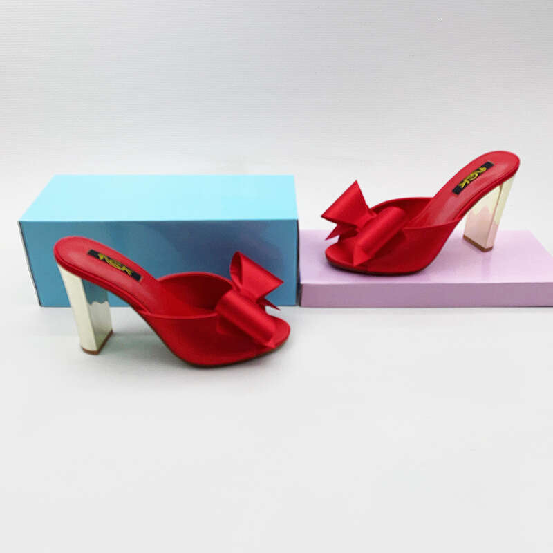 Fashion Shoes 2025 Spring New Open-Toe Bowknot Chunky High Heel Slippers High-End Feel Age-Reducing