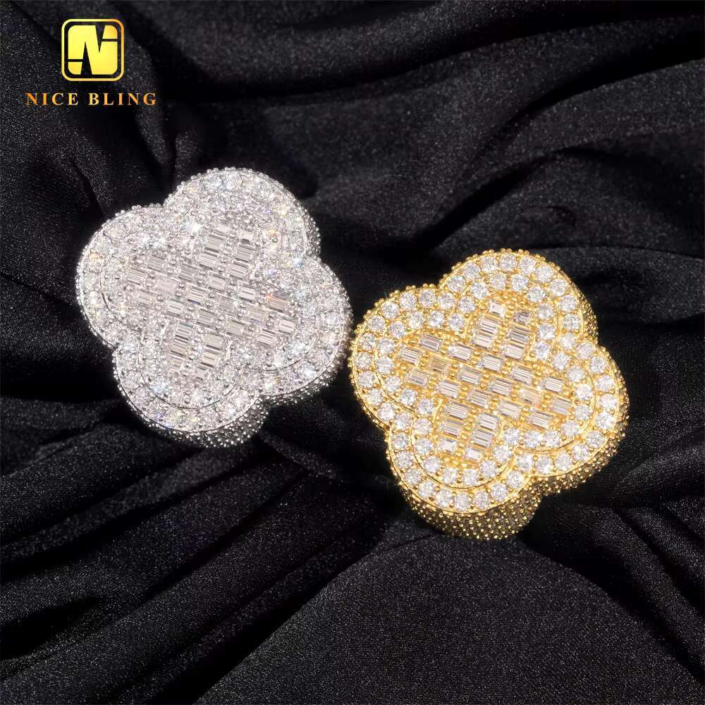 Iced Out 18k Gold Plated baguette Cut Moissanite Ring Fashion Hip Hop Jewelry S925 Lab Diamond Four Leaf Clover Engagement Ring