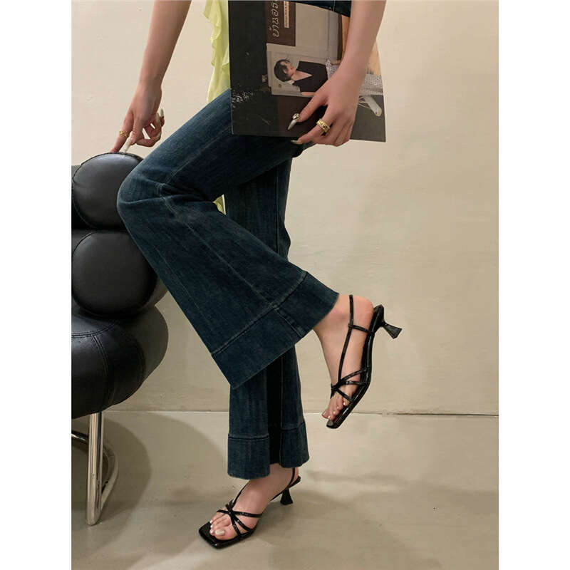 Two ~ French Fairy Style Square Stiletto High Heels for Women 2025 New Nude Color Thin Strap Open Toe Sandals