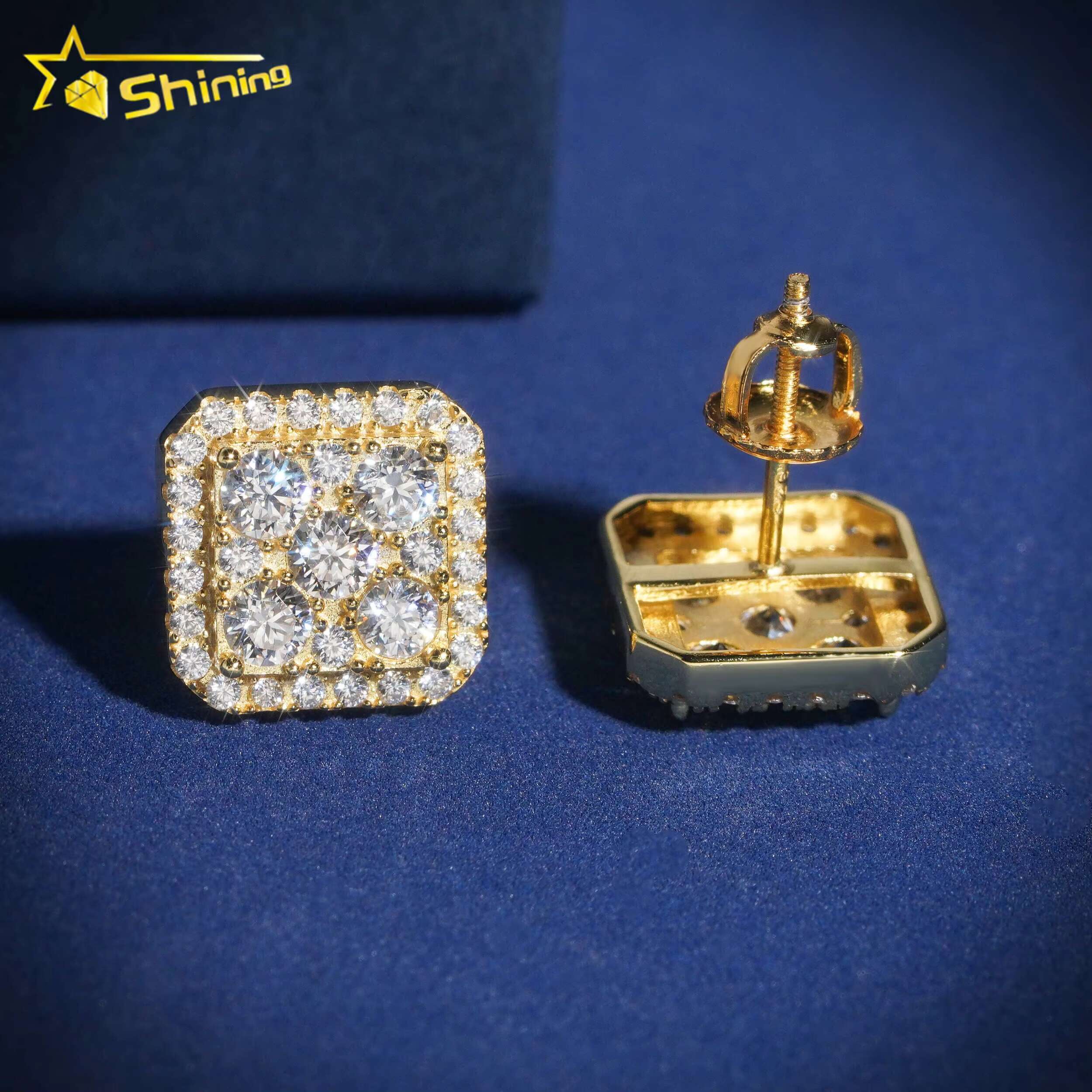 Luxury Hip Hop Jewelry Iced Out 10k Solid Gold Screw Back Lab Grown Diamond Moissanite Square Earrings
