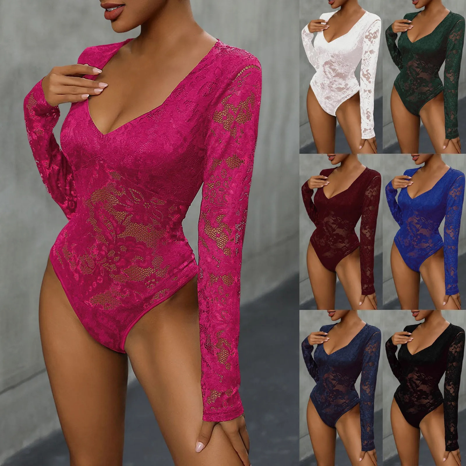 Womens Solid Color Mesh Stitching Lace Pattern Slim Fit And Thin Texture All Purpose Inner Jumpsuit Knit Jumpsuit Women 250527