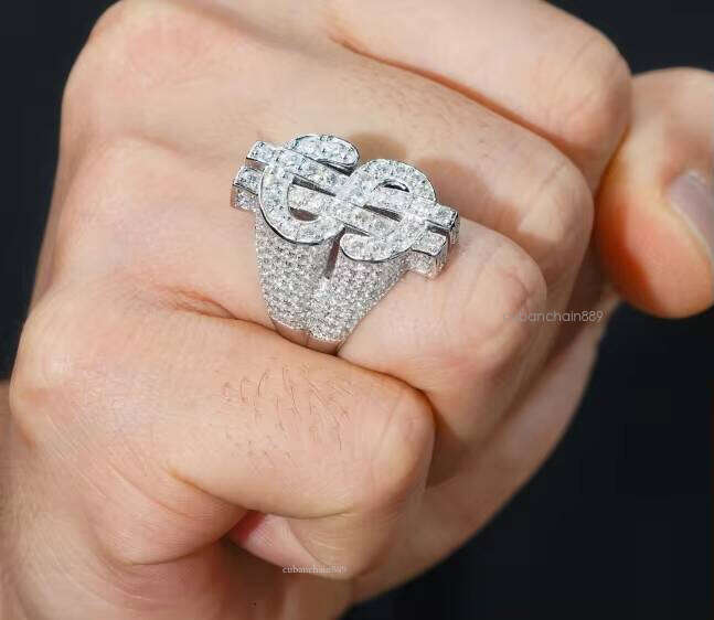 Sterling Sier Iced Out VVS Moissanite USD Dollar Symbol Ring Hip Hop Gold Plated Trendy Wedding Engagement Gift Jewelry