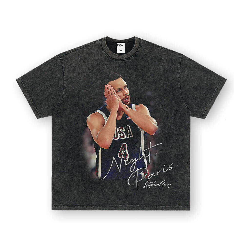 Curry Sleep Paris Goodnight Short Sleeve T-Shirt Men American Street Style Printed Washed Tee