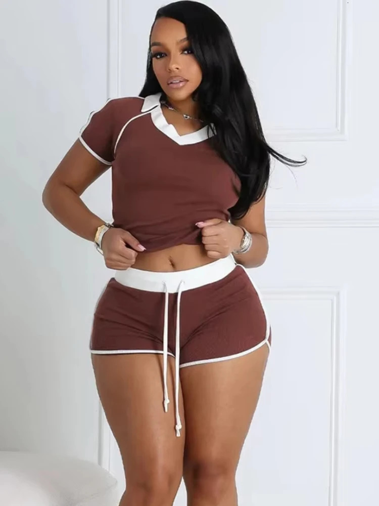 Nibber Women 2 Piece Set Tracksuit Stretch Sporty Polo Neck Crop TopsWide Waist Shorts Matching Slim Casual Streetwear Outfits 250527
