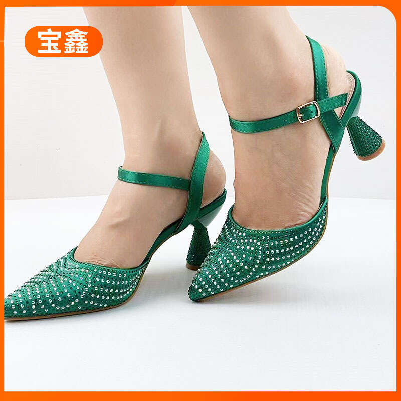 Green New Style Elegant Versatile Pointed Toe Open Back Simple Rhinestone Design Women's High Heels