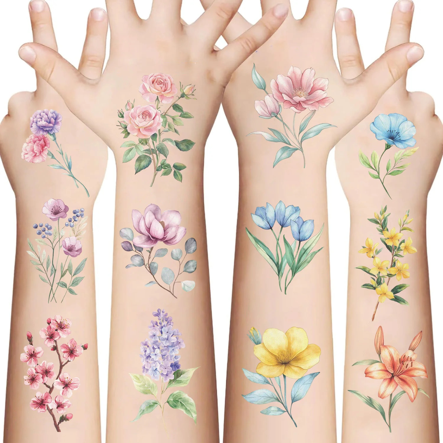 10 SheetsSet Watercolor Lavender Flower Temporary Tattoos For Body Art Arm Fake Flora Adults Tattoo Sticker Waterproof Tatoos 250530