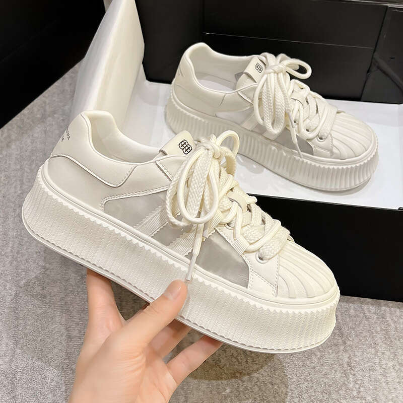 Platform Height Increasing Mesh White Summer Women's Shoes 2024 New Breathable Versatile Genuine Leather Chunky Sneakers