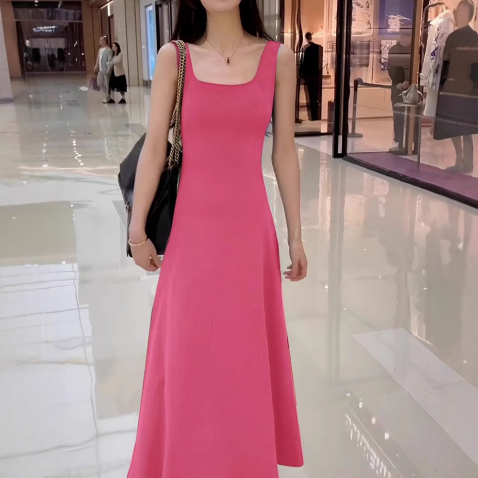 DR301 solid color waist backless long suspender dress for women in summer