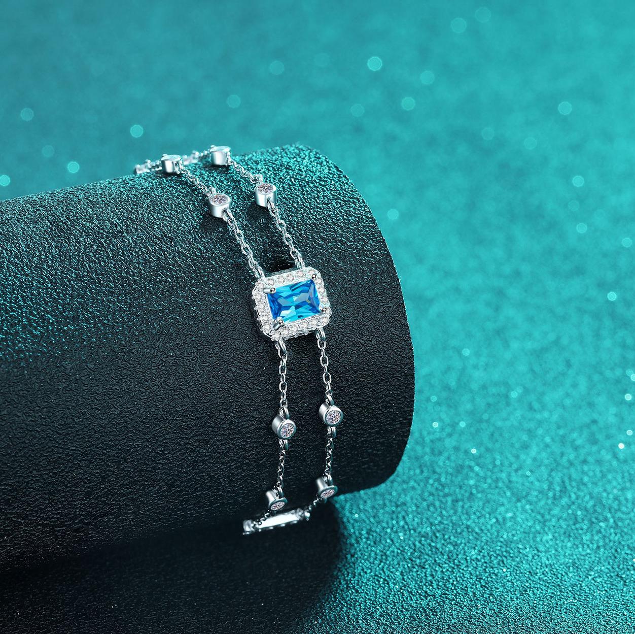 925 Sterling Silver Emerald Cut Moissanite Bracelet for Women with Double Chains, Blue or Clear Center Stone, Adjustable Minimalist Luxury Jewelry
