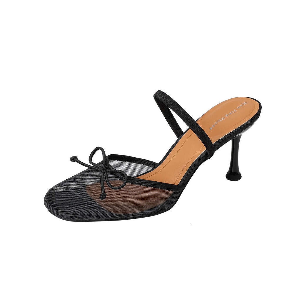 396-1 Sexy Mesh One-Strap High Heel New Fashion Shallow Transparent Bowknot Backless Shoes for Women