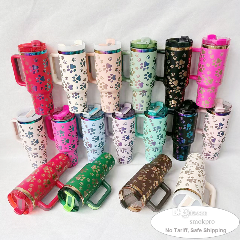 40oz Stainless Steel Travel Tumbler With Cat Kitty Footprint Image / 40 oz 304 Water Cup With Lid and Straw