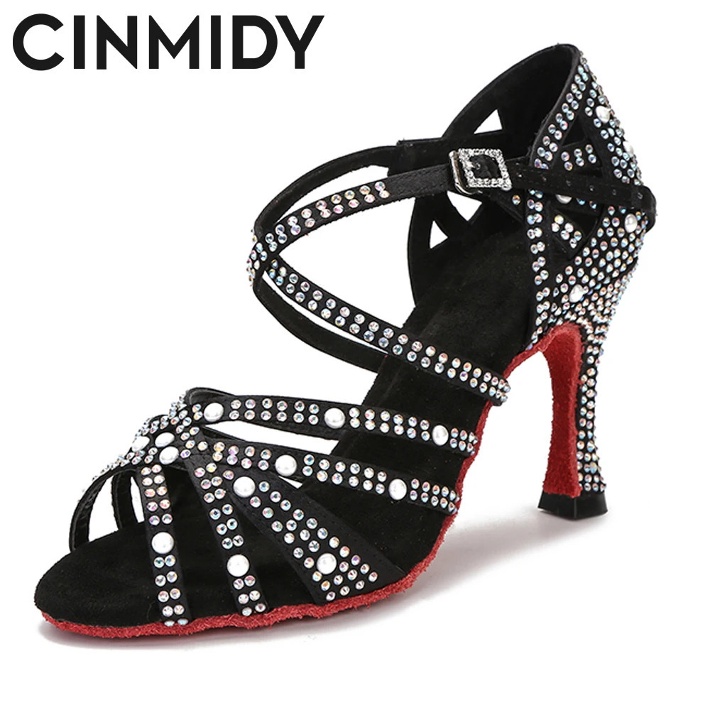 CINMIDY Latin Dance Shoes Ballroom Dancing Shoes Salsa Training Party High Heels Womens Wedding Shoes With Rhinestones 250528