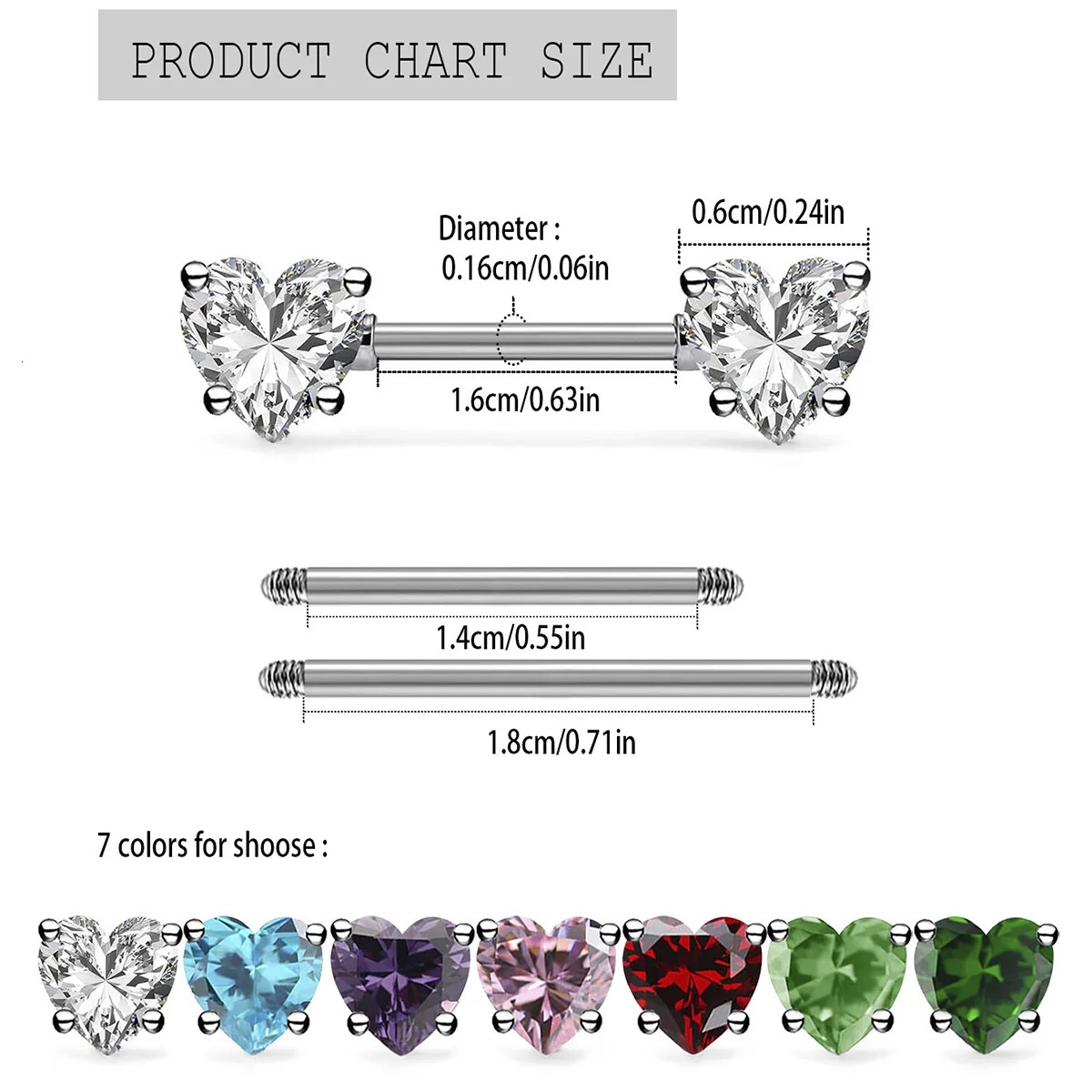 6 pcs colored heart-shaped cubic zirconia decorative nipple piercing ring jewelry stainless steel wearing rod for womens 250526