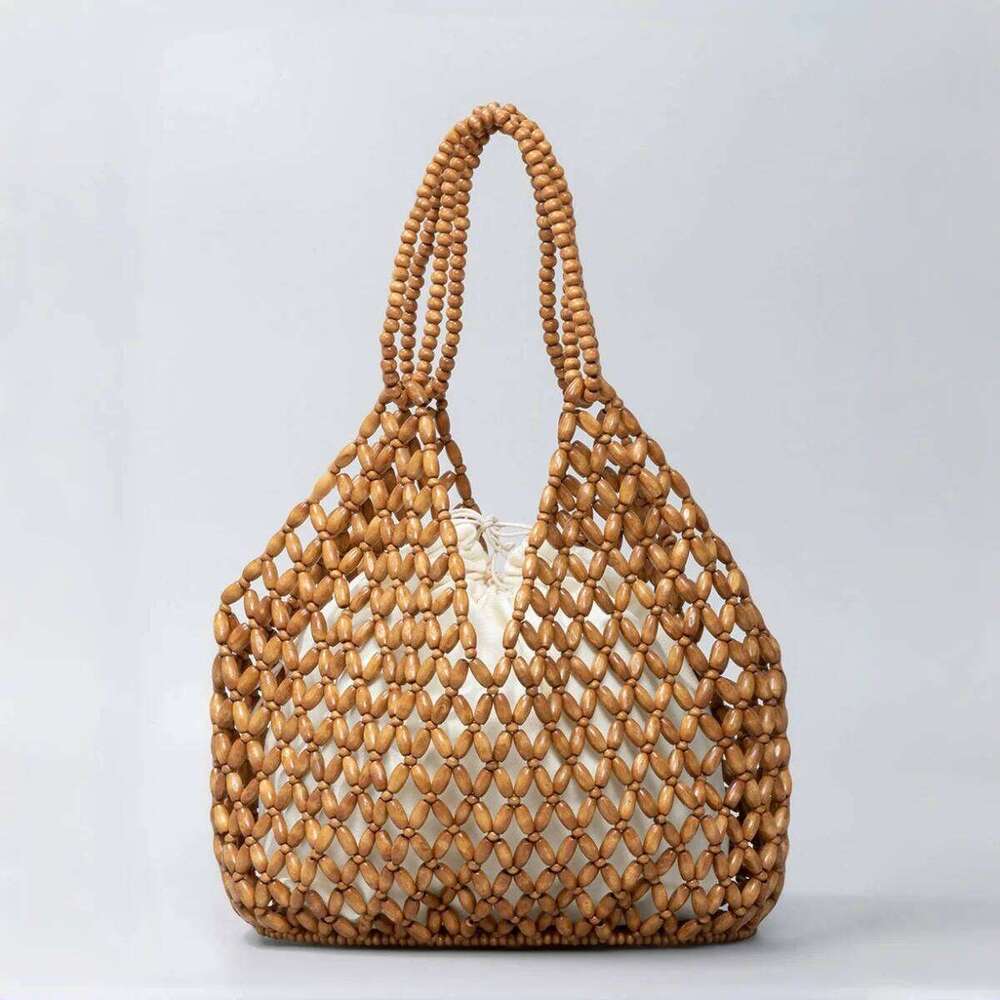 Large Capacity Wooden Bead Handbag Women Handwoven Tote Purse Bohemian Shoulder Fashion Beach Travel Bag Stylish Casual