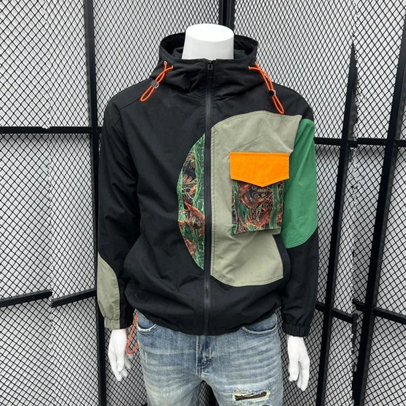 Spring Mens Pocket Patchwork Hoodie Jackets Men Hip Hop Y2K Hooded Bombers Jacket Fashion Techwear Streetwear Coat Clothes 250530