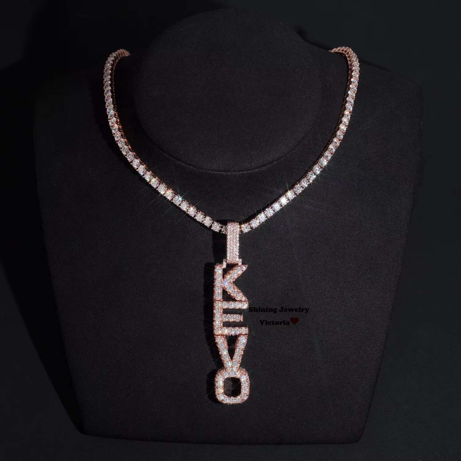 Custom Made 4 Letters Mosaic Setting Rose Gold Plated Moissanite Vertical Name Pendant With Tennis Chain 4MM