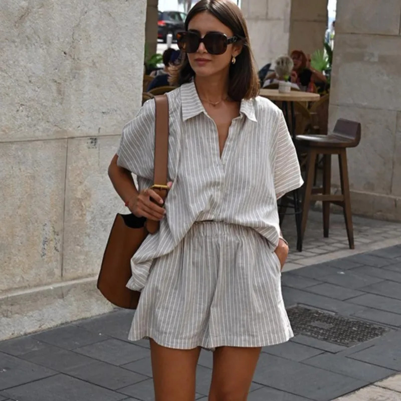 Casual Stripe Shirt Sets Women Summer Short Sleeve Shirt Top Shorts 2 Piece Set Womems Suit Loose Fashion Street Lady Outfit 250527