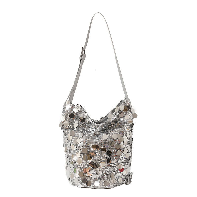 Top Brand High Quality New Style Trendy Design Sequin Bucket Bag Large Capacity New Silver Handbag Shoulder Crossbody Women's Bag New Free Delive