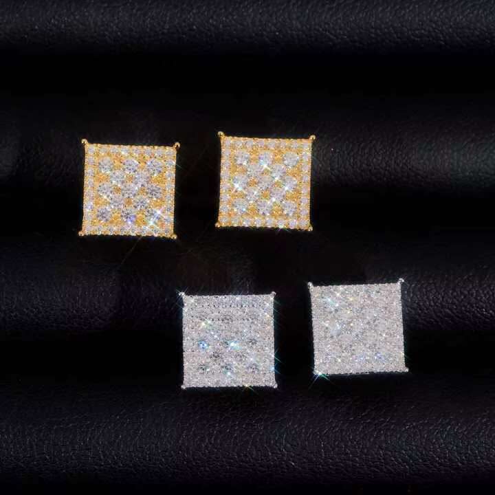 Luxury Custom Iced Out Hiphop Moissanite Square Earrings 925 Sterling Silver Hip Hop Style with Cluster Halo Design