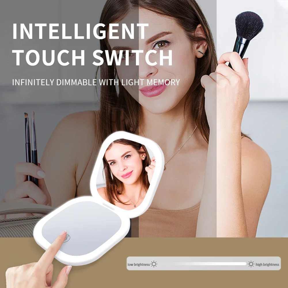 Double Sides Touch Travel Led 3 Colors Mini Foldable Cosmetic Charge Makeup Mirror With Light 3X Magnifying Compact Handheld 250530