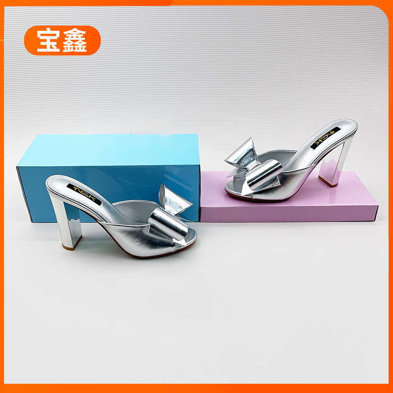 Fashion Shoes 2025 Spring New Open-Toe Bowknot Chunky High Heel Slippers High-End Feel Age-Reducing