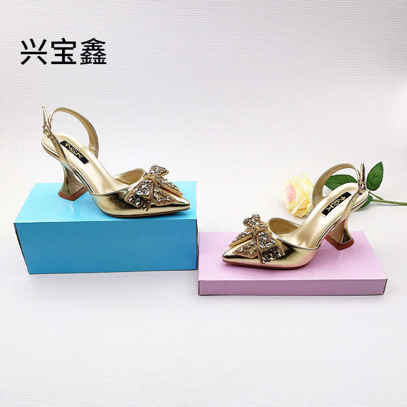 Spring French Style One-Strap High Heels for Women, Thin Heel, Hollow Pointed Toe, Comfortable Rhinestone Bow Wedding Shoes