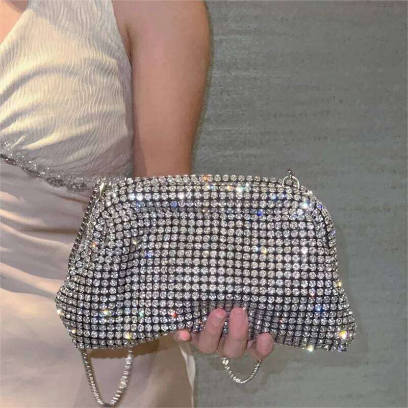 Women Cloud Dia Dumpling Handbag Shiny Bucket Clutch Purse Evening Banquet Crystal Rhinestone Shoulder Bag
