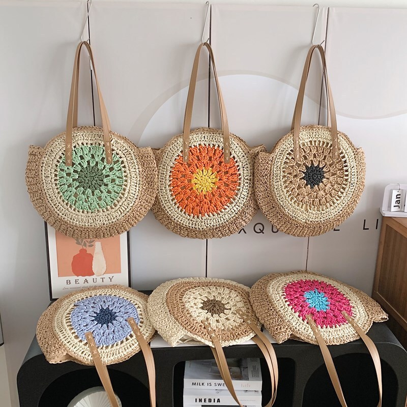 Free Shipping Designer Bag 2025 New Paper Rope Hollow Out Colorful Round Plate Straw Leisure Beach Single Shoulder Fashion Woven Women's Bag