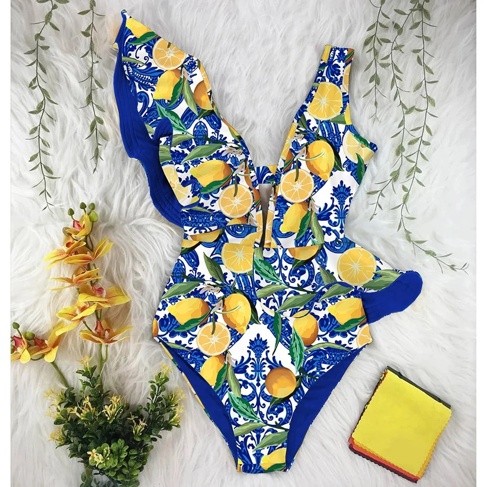 2025 Print Swimwear Deep V-neck Ruffle Swimsuit Push Up One Piece Swimsuit Beach Wear Backless Monokini 250530