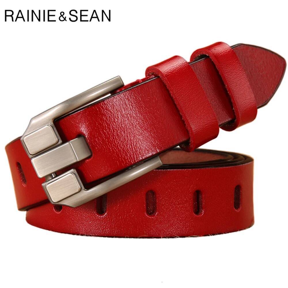 RAINIE SEAN Red Women Pin Buckle Real Belts for Jeans Genuine Leather Cowskin High Quality Solid Ladies Belt 110cm