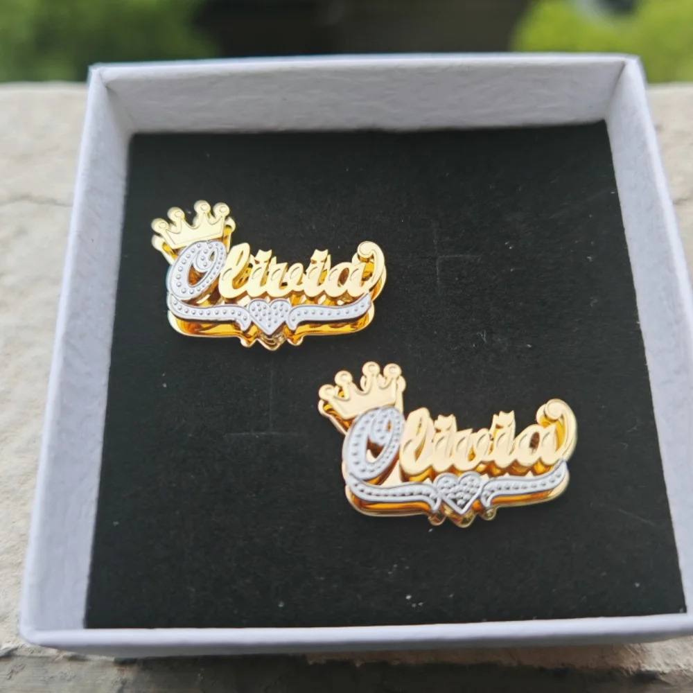 LeeChee Double Layer Crown Custom Name Earstuds Two Color Personalized Stainless Steel Hiphop Earrings Womens Jewelry Gift 250529