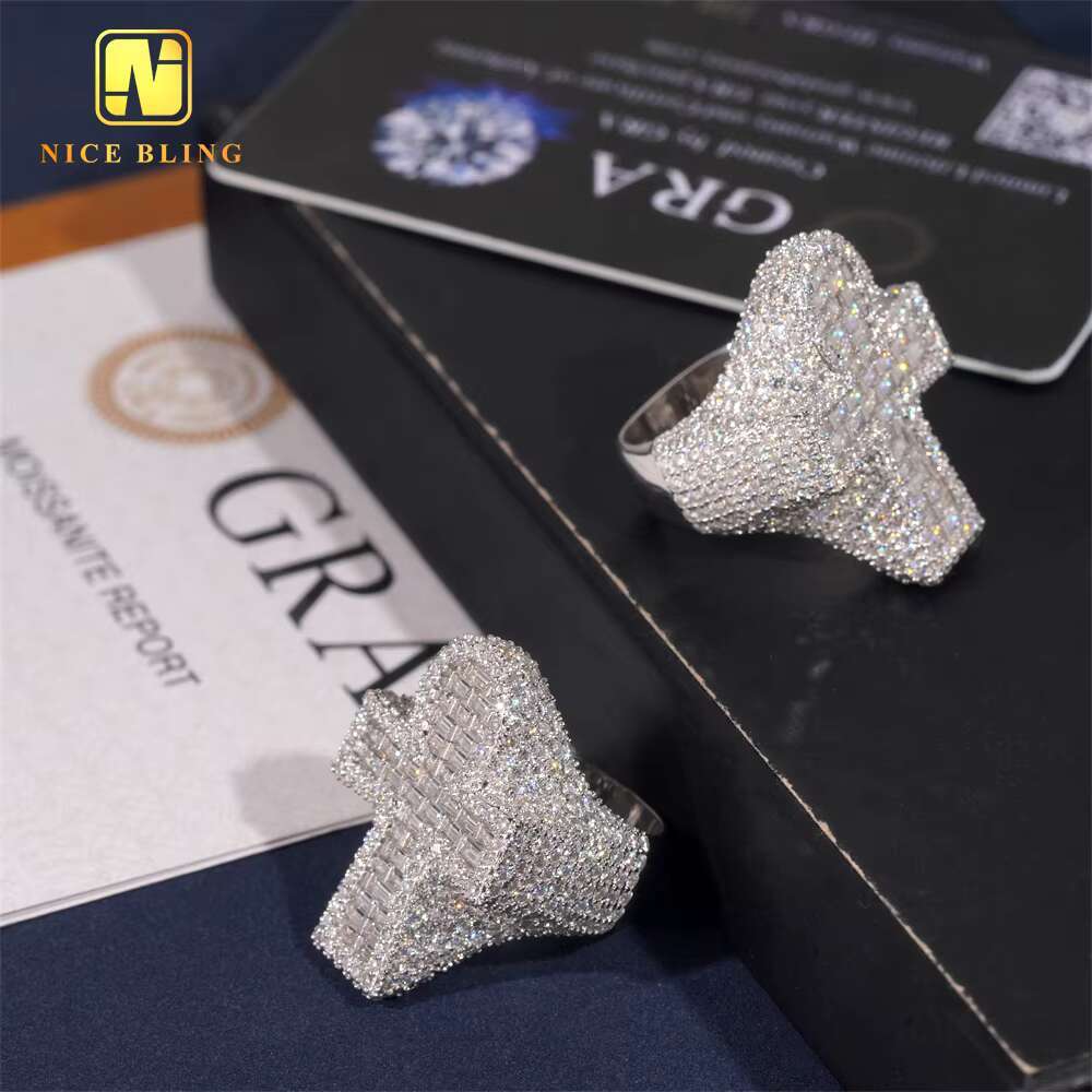 Custom Hip Hop Jewelry Iced Out Men 925 Silver Ring baguette Cut Moissanite Cross Ring Lab Diamond Engagement Ring for Men