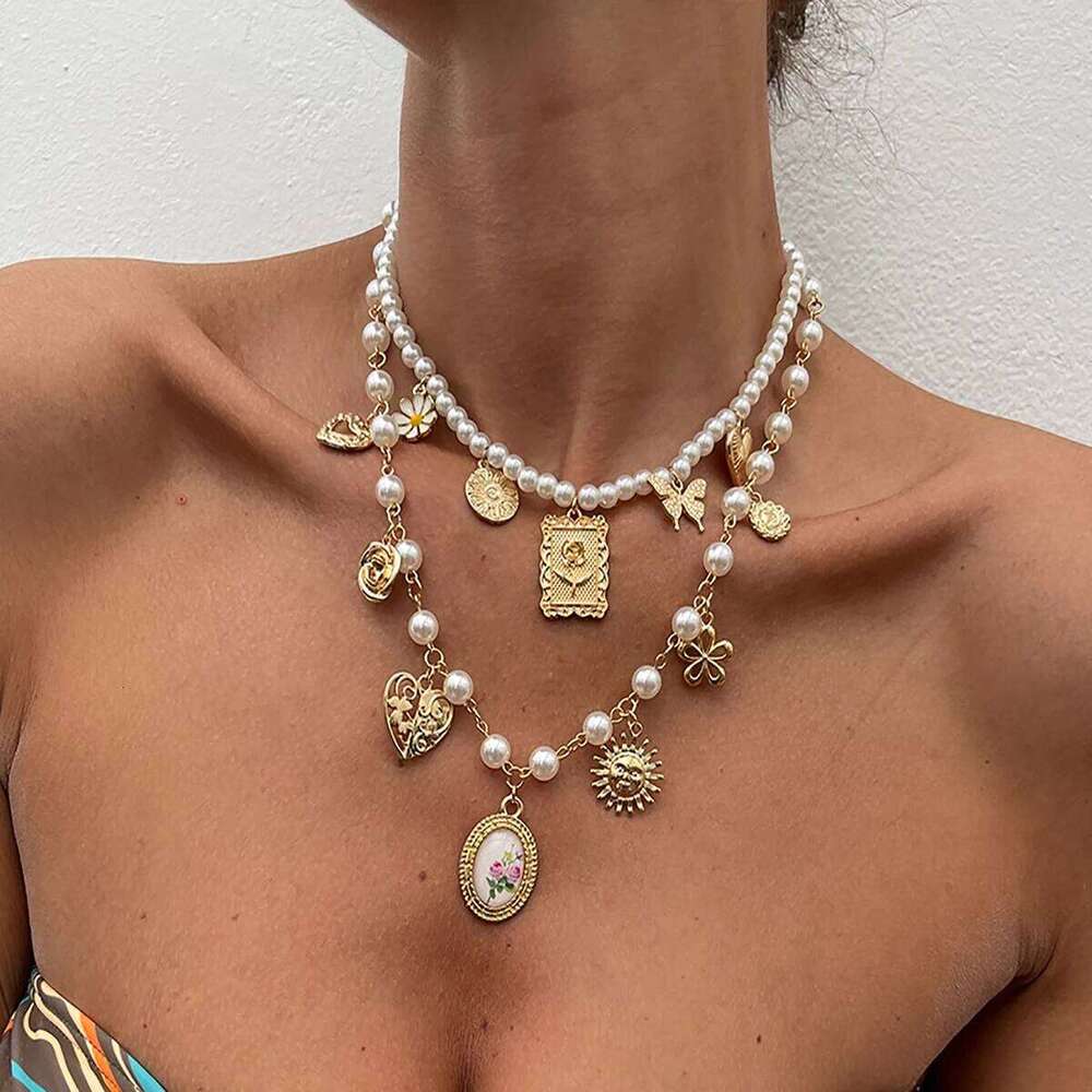 Salircon 2Pcs/Set Butterfly Suower Heart Pendant Necklace For Women Imitation Pearl Charm Statement Choker Jewelry