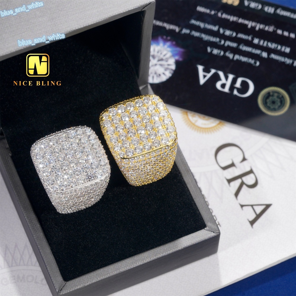 18K Gold Plated Full Iced Out Mens Rings Hip Hop Fashion Jewelry 925 Silver Moissanite square Shape Rings for Engagement