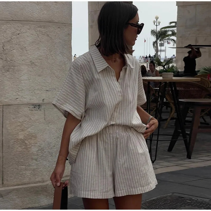 Casual Stripe Shirt Sets Women Summer Short Sleeve Shirt Top Shorts 2 Piece Set Womems Suit Loose Fashion Street Lady Outfit 250527