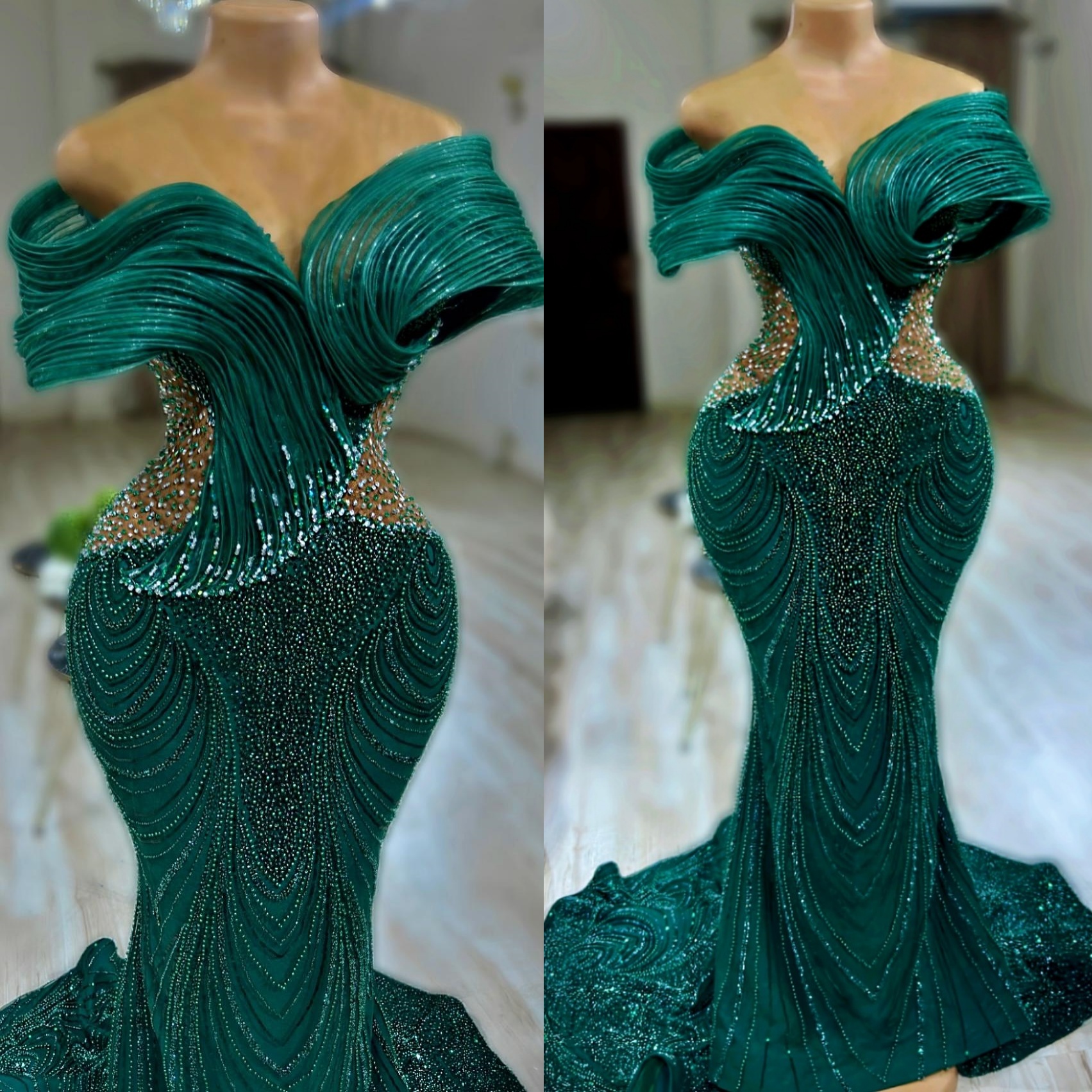 Mermaid Dark Green Prom Dresses 2025 Beaded Crystals Sequined Stylish Evening Formal Party Second Birthday Engagement Gowns Plus Size Dress For Specia