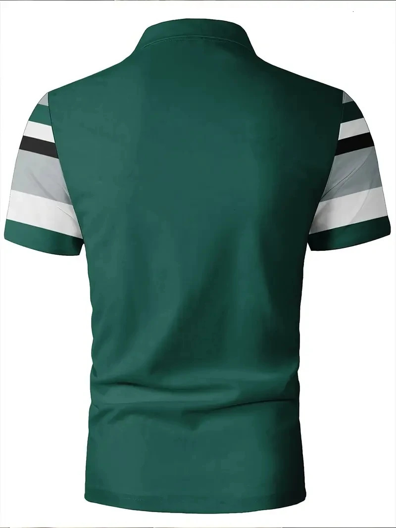 Mens Casual Stripesd 3D Printed Golf Shirt Short-Sleeved Button Collar Knitwear Regular Version Polyester Fiber Polo Shirt S 250530