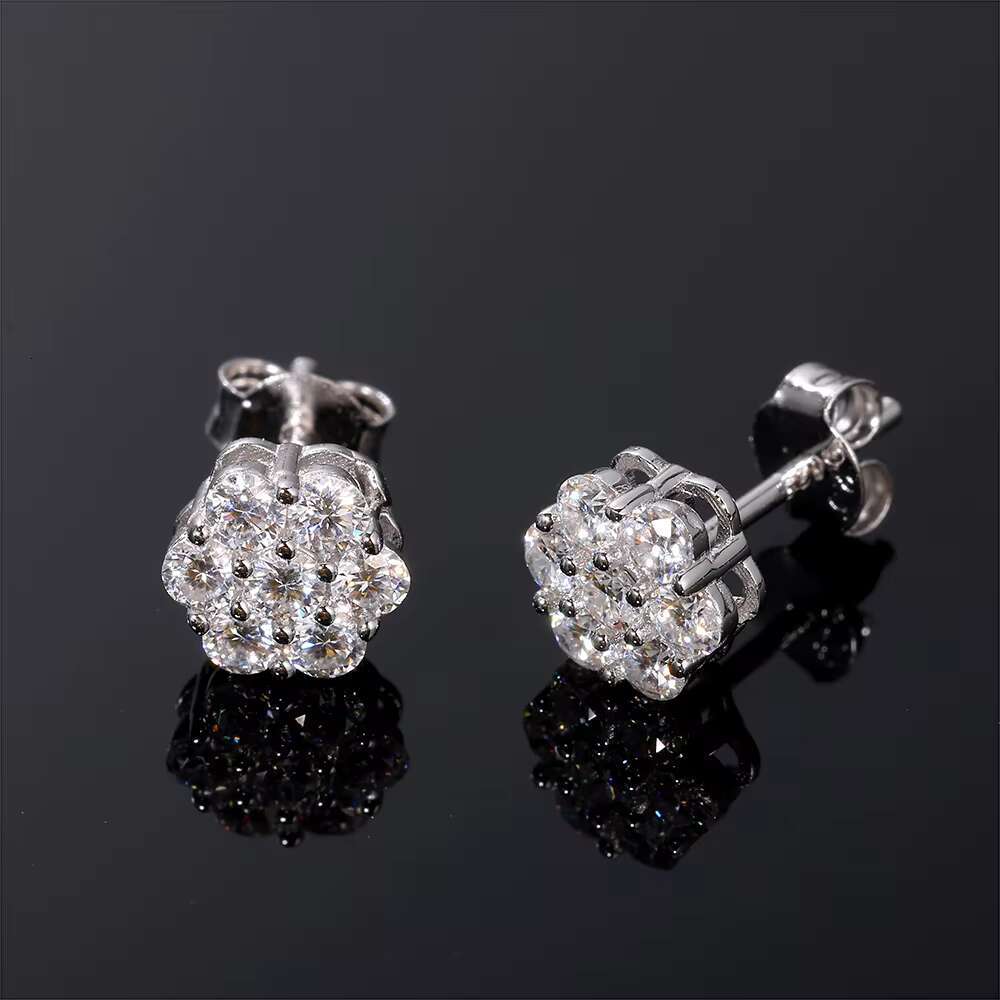 Cluster FlowerS 925 VVS Moissanite Earrings Mens Hip Hop 925 Sterling Silver Moissanite Stud Earrings With Certificate