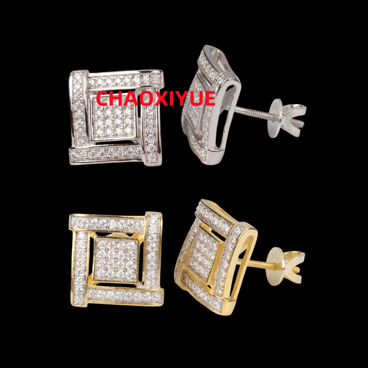 Hip Hop 18k Gold Plated 925 Sterling Silver Passes Diamond Tester 9MM VVS Moissanite Square Mens Cluster Stud Earrings
