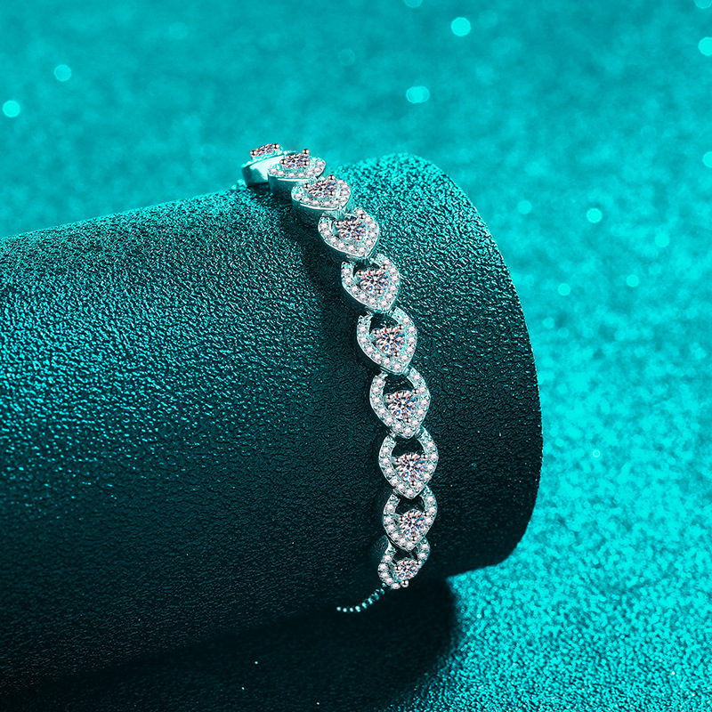 925 Sterling Silver Adjustable Heart Design Bracelet, Platinum Plated, Luxury CZ Crystal, Dainty and Elegant Jewelry for Women